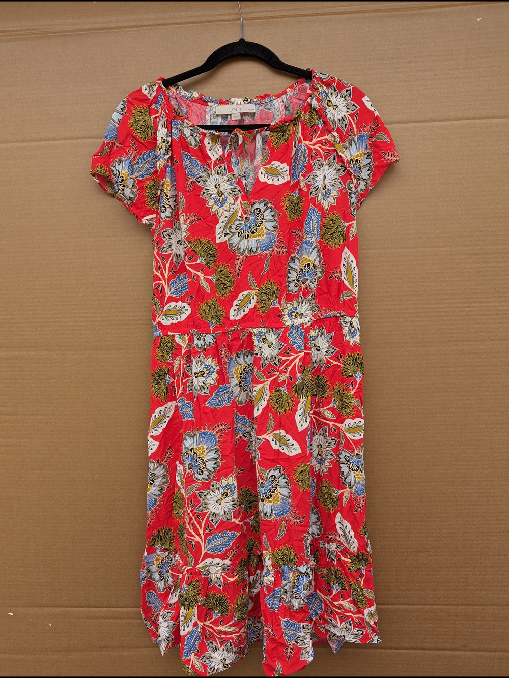 LOFT Tiered Peasant Floral Midi Dress Boho Hawaiian Red Petite Large Vacation